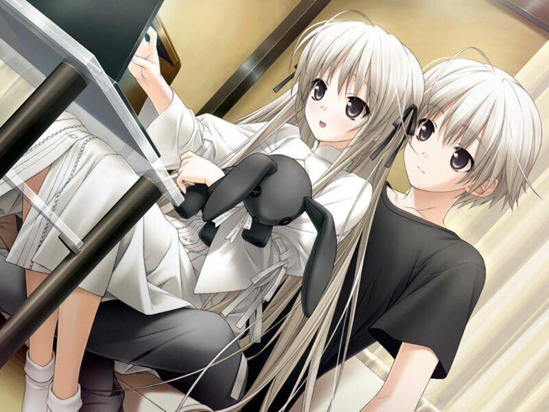 Two Anime Girls Sitting — White