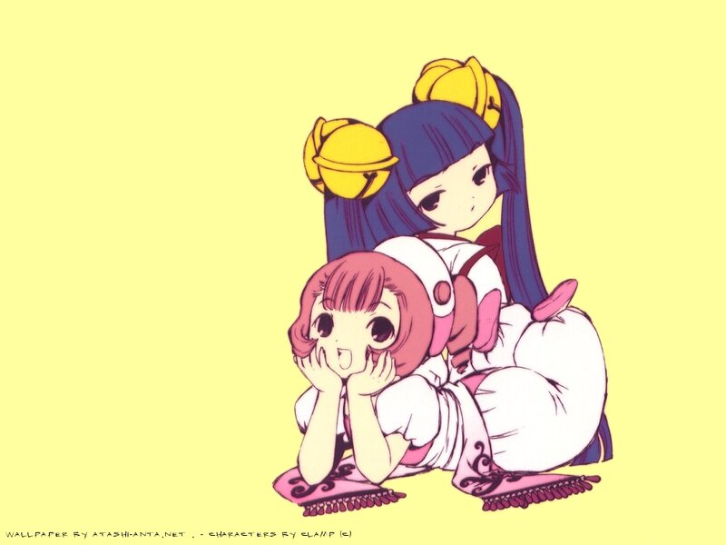 Two Anime Girls Sitting — Yellow, Calm, Bells