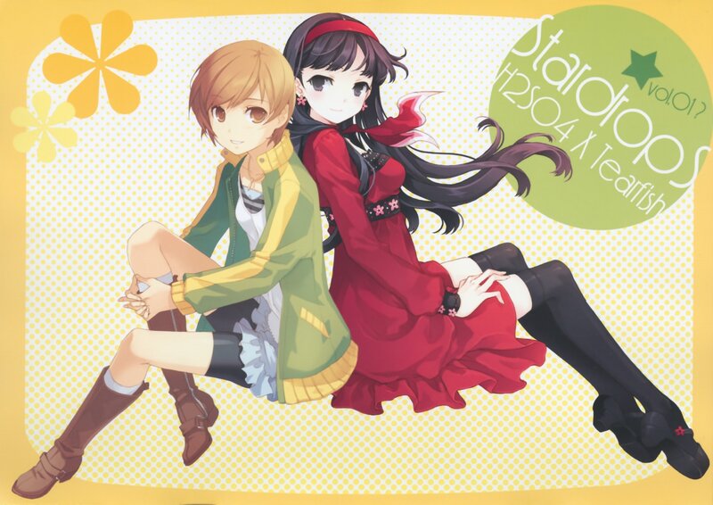 Two Anime Girls Sitting — Yellow, Cheerful, Flowers, Text