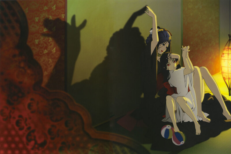 Two Anime Girls Sitting — Yellow, Dramatic, Night