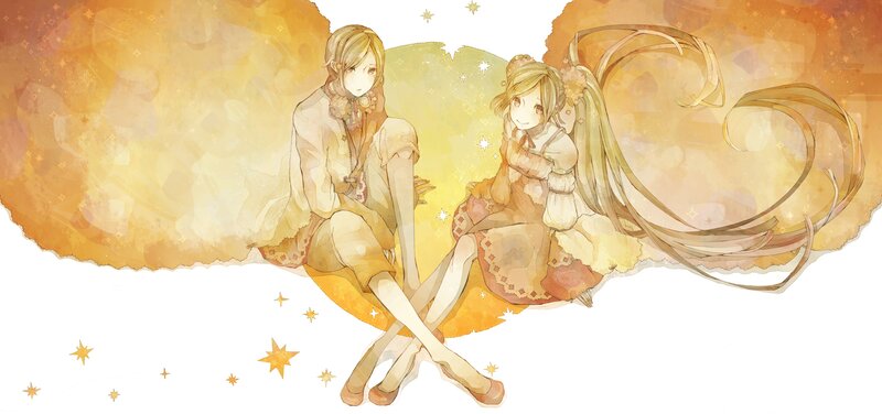 Two Anime Girls Sitting — Yellow, Serene
