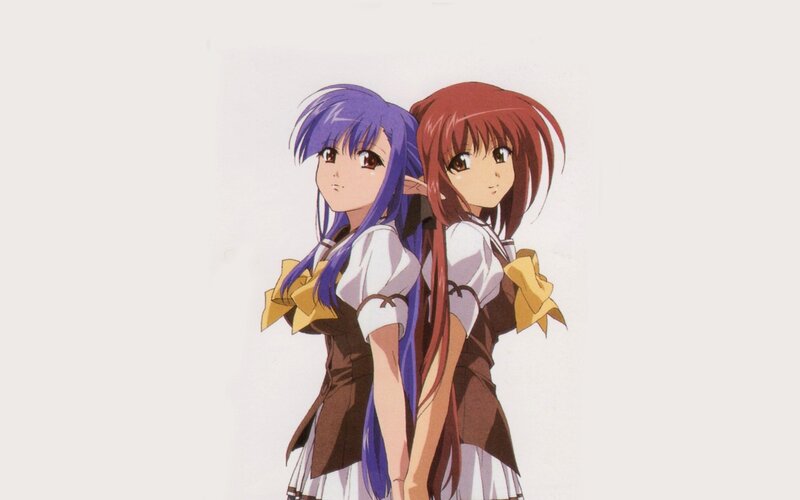 two anime girls standing back to back