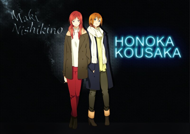Two Anime Girls Standing — Black, Dramatic, Night