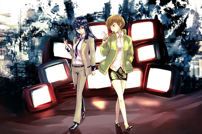 Two Anime Girls Standing — Black, Dramatic, Television Screens