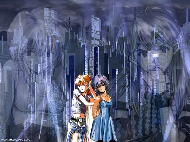 Two Anime Girls Standing — Blue, Dramatic, Night, Cityscape