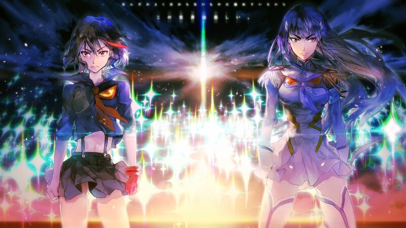 Two Anime Girls Standing — Blue, Dramatic, Night, Glowing Light
