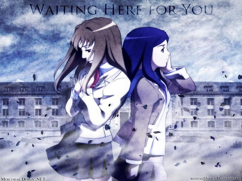 Two Anime Girls Standing — Blue, Dramatic, School Building