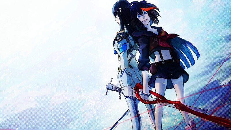 Two Anime Girls Standing — Blue, Dramatic, Swords