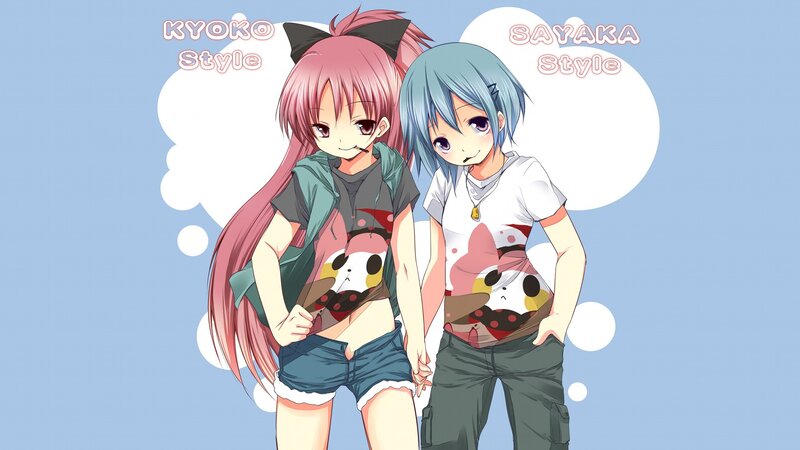 Two Anime Girls Standing — Blue, Playful, T-shirts