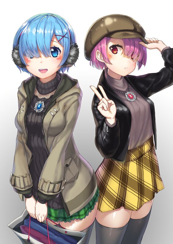 Two Anime Girls Standing — Blue, Playful