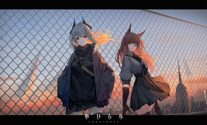 Two Anime Girls Standing — Orange, Dramatic, Sunset