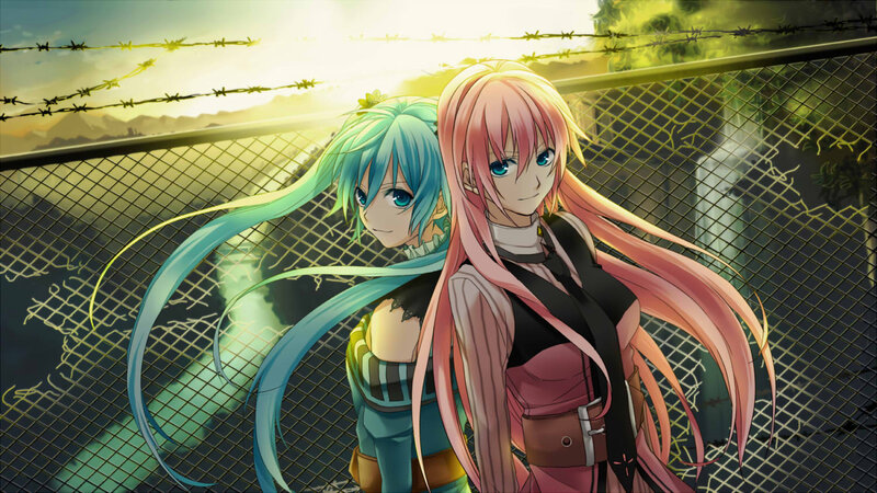 Two Anime Girls Standing — Pink, Dramatic, Sunset, Barbed Wire