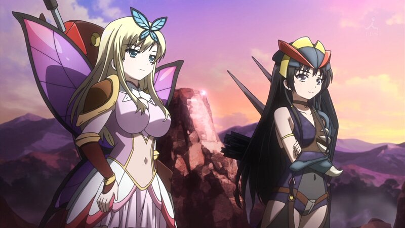 Two Anime Girls Standing — Purple, Dramatic, Sunset, Swords