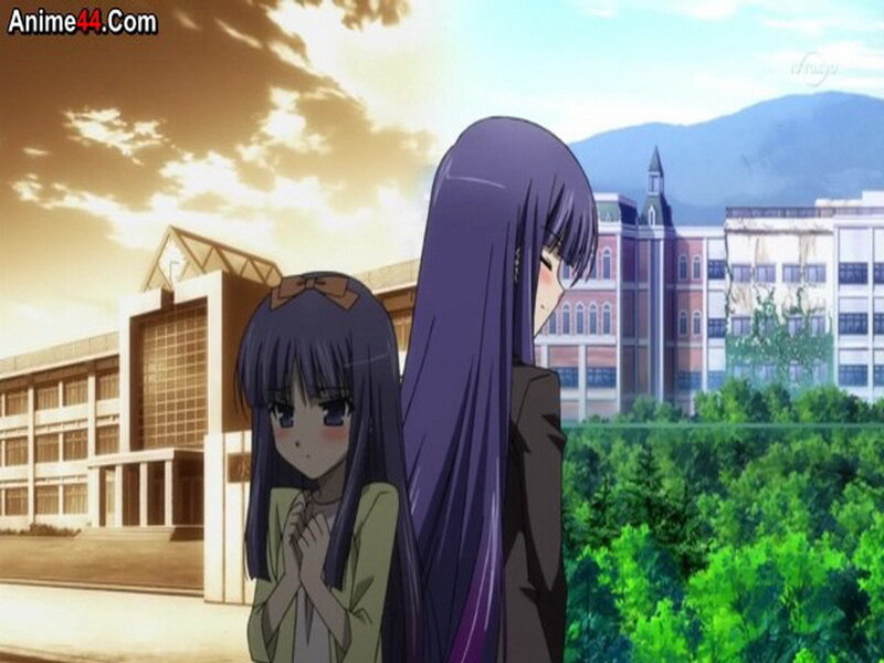 Two Anime Girls Standing — Purple, Dramatic, Sunset