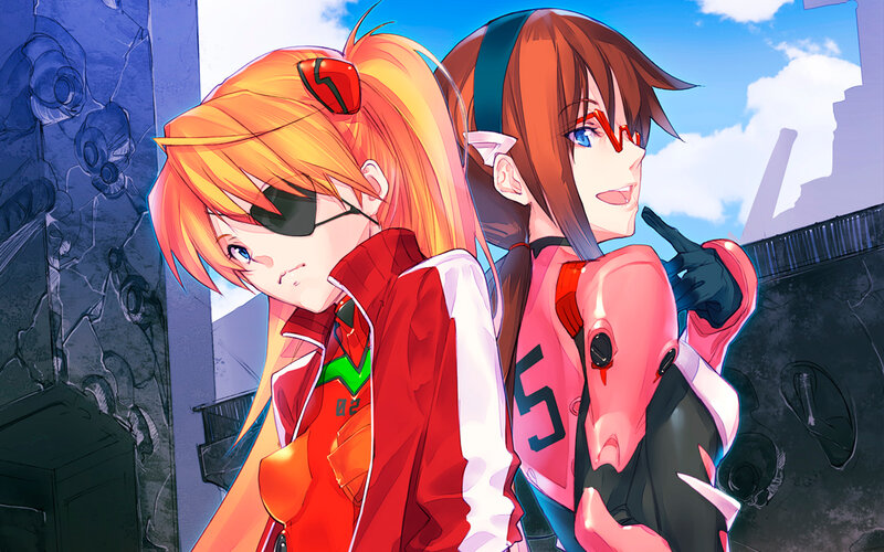 Two Anime Girls Standing — Red, Dramatic, Afternoon