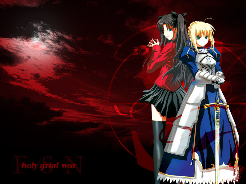Two Anime Girls Standing — Red, Dramatic, Night, Sword, Moon