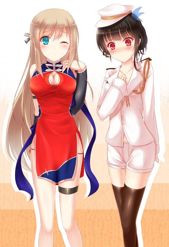 Two Anime Girls Standing — Red, Playful