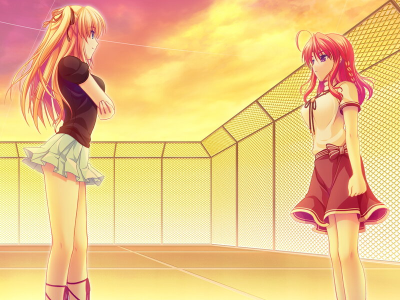 Two Anime Girls Standing — Yellow, Dramatic, Sunset
