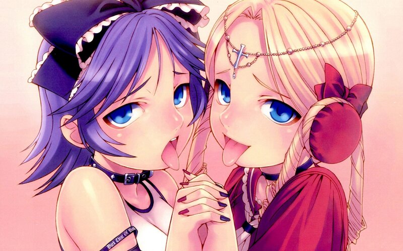 two anime girls sticking out tongues