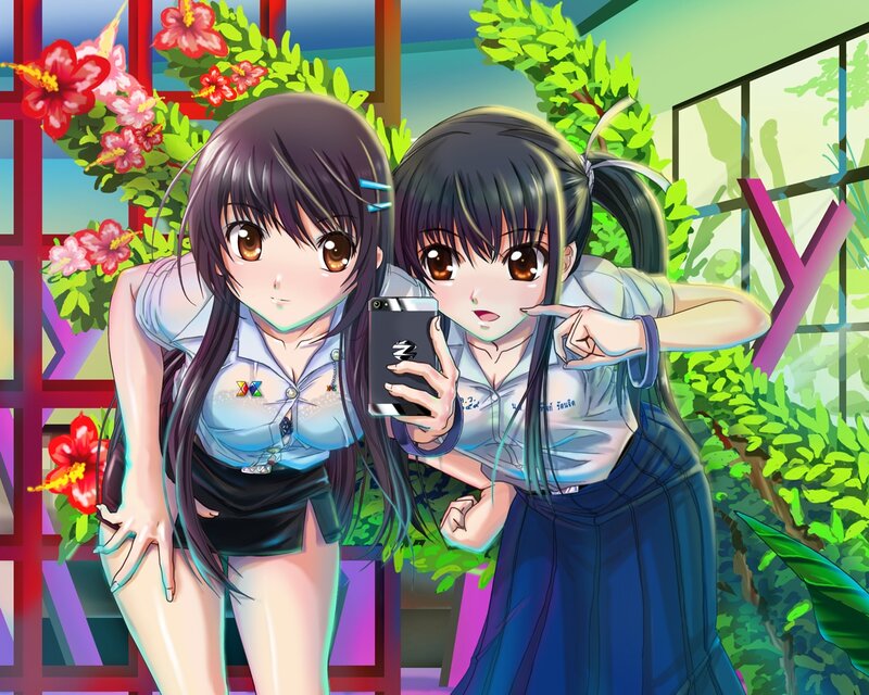 Two Anime Girls Taking Selfie