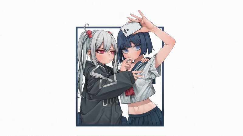 Two Anime Girls Taking Selfie — White