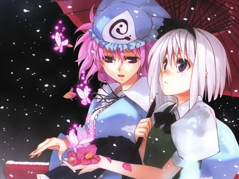 Two anime girls under an umbrella
