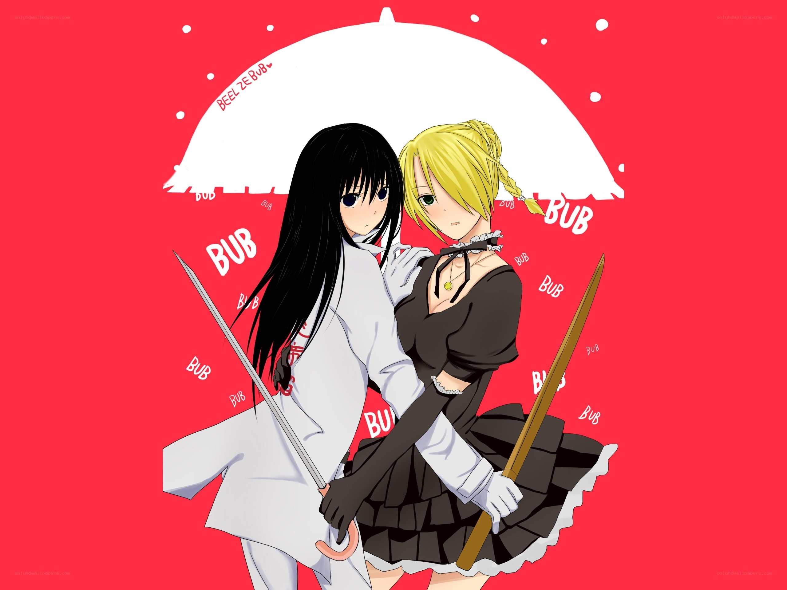Two anime girls under an umbrella