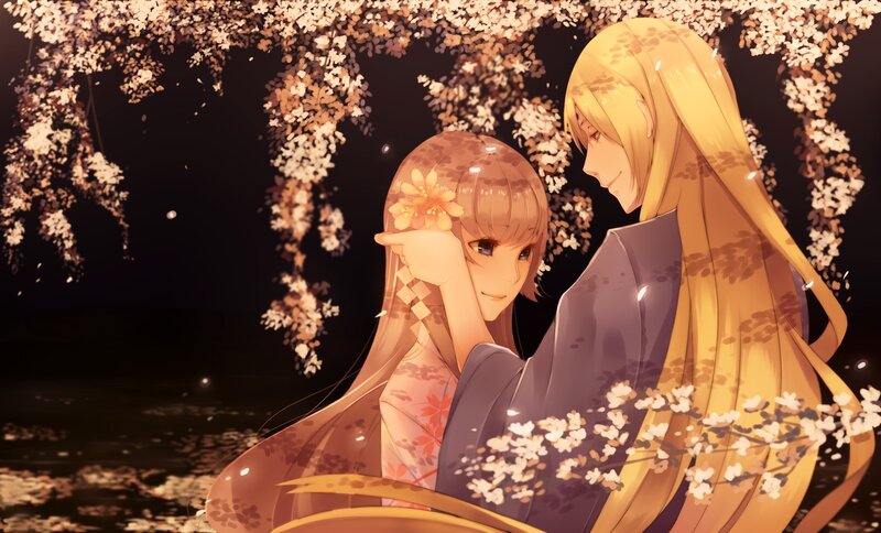 Two Anime Girls under Blossoms