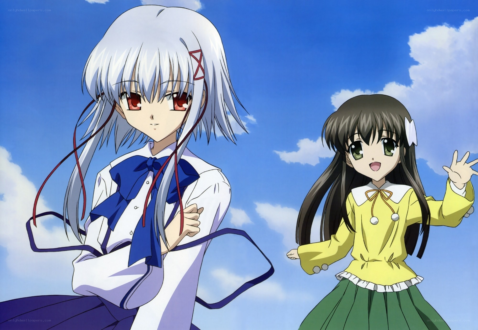 Two anime girls under blue sky