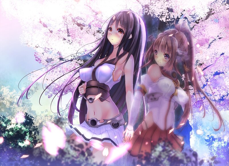 Two Anime Girls under Cherry Blossoms — Pink, Serene, Spring, Cherry Blossoms, Flowers