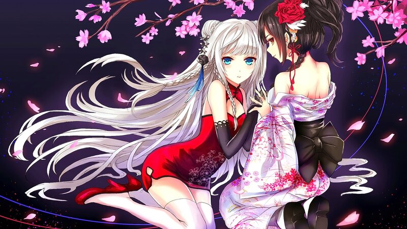 Two Anime Girls under Cherry Blossoms — Purple