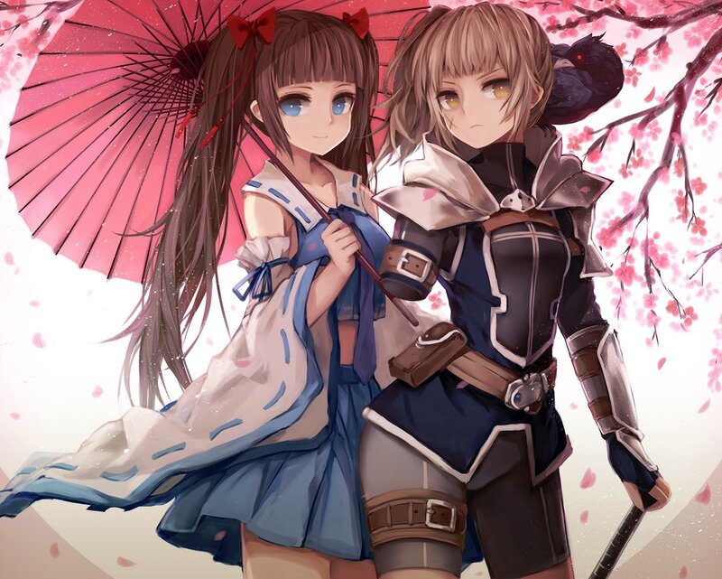 Two Anime Girls under Umbrella — Pink, Serene