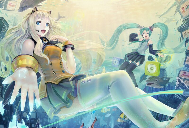 Two Anime Girls Underwater — Blue, Playful