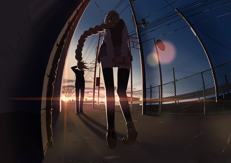 Two Anime Girls Walking — Blue, Dramatic