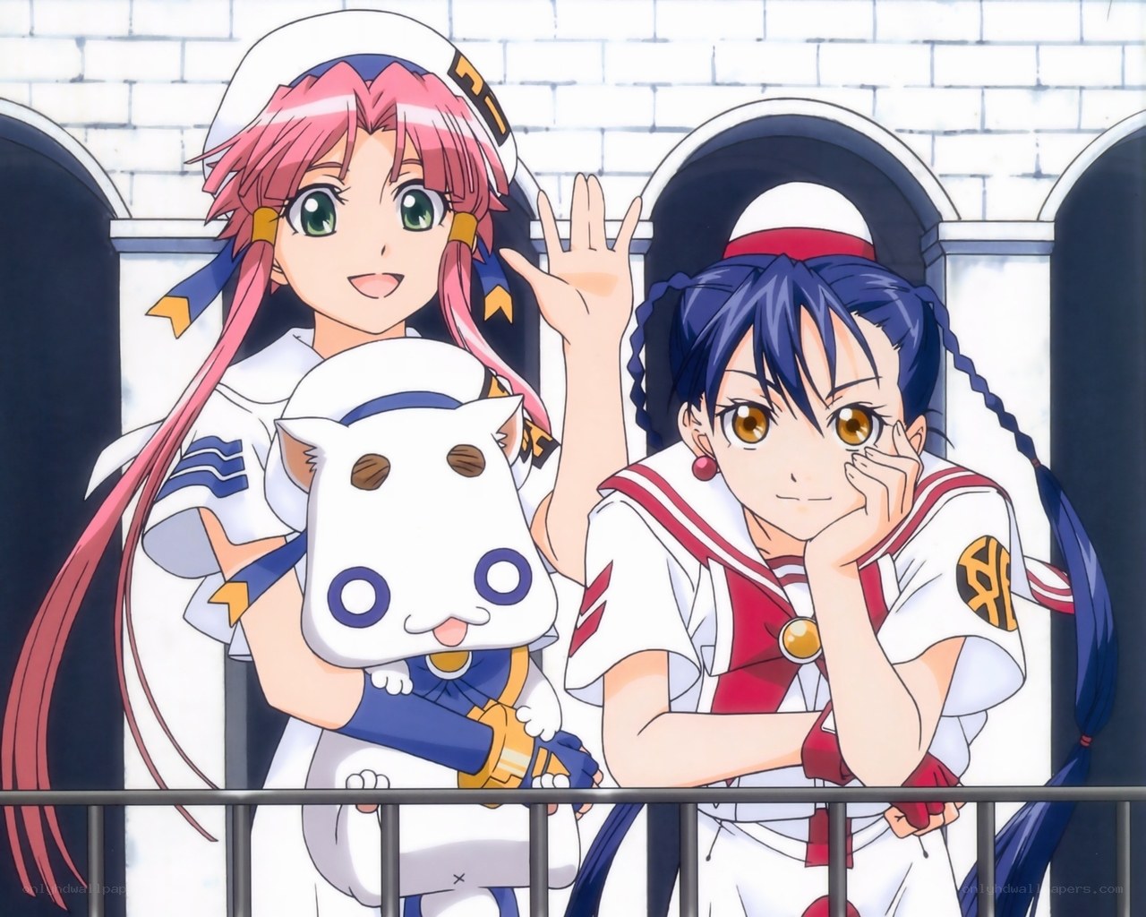 Two anime girls waving