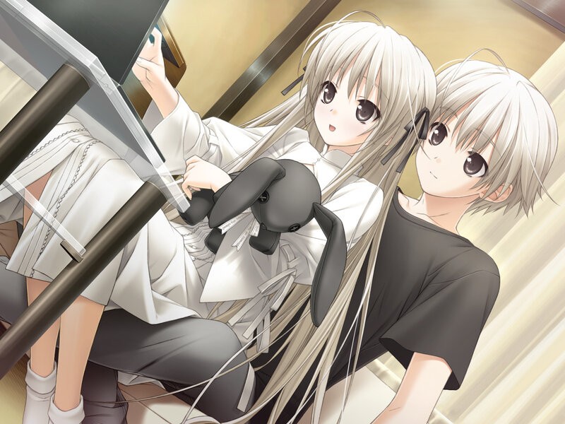 Two Anime Girls — White, Calm, Stuffed Rabbit