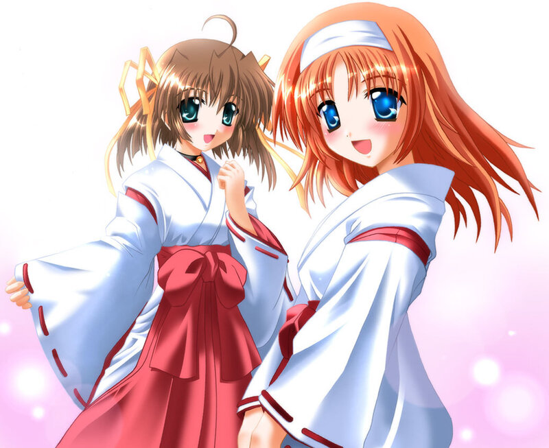 Two Anime Girls — White, Cheerful, Kimono