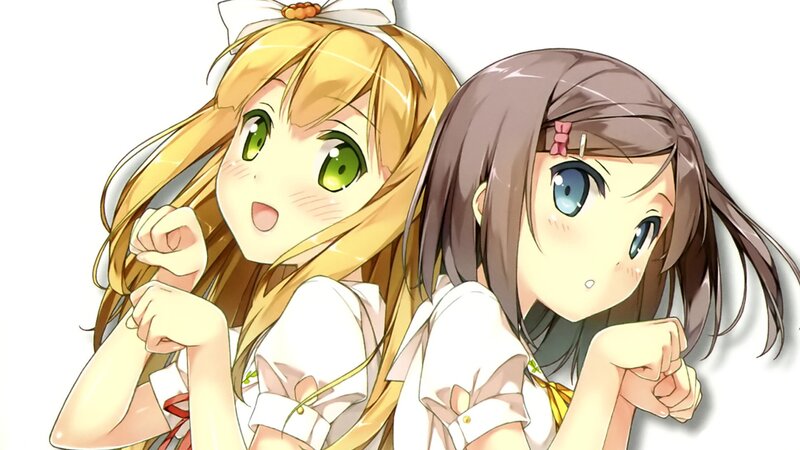 Two Anime Girls — White, Cheerful, School Uniform, Green Eyes
