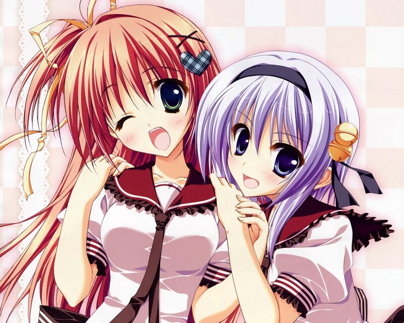 Two Anime Girls — White, Cheerful, School Uniforms, Bows, Checkered Background