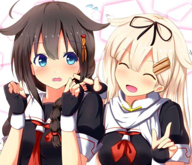 Two Anime Girls — White, Cheerful, School Uniforms, Bows