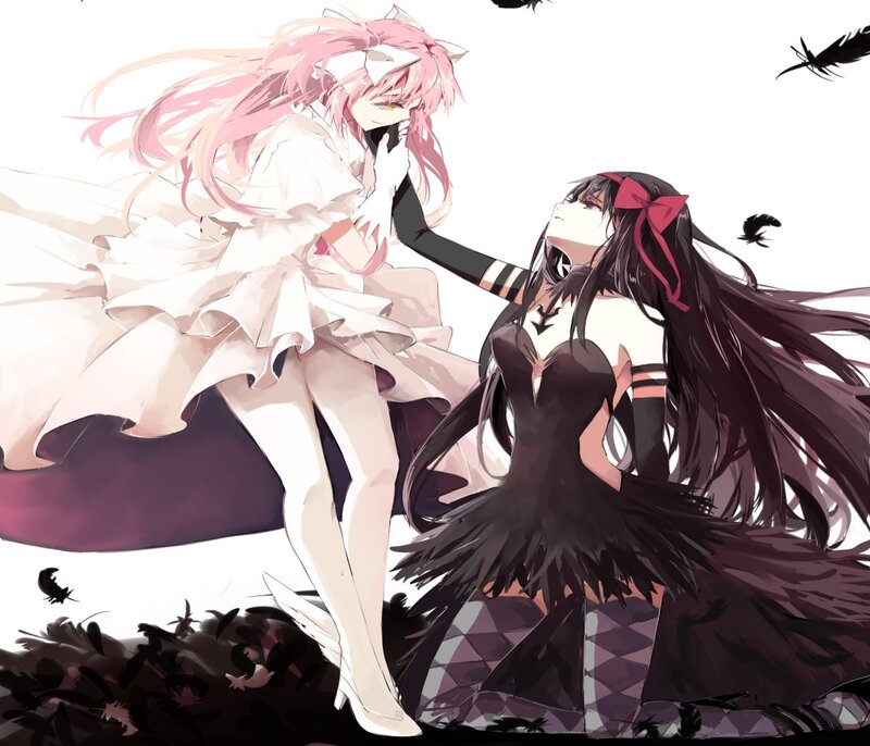 Two Anime Girls — White, Dramatic, Feathers