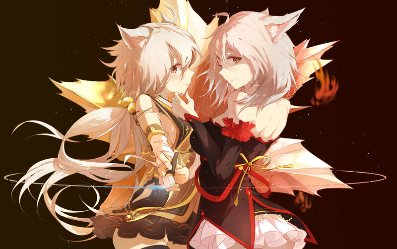 Two Anime Girls — White, Dramatic, Night, Cat Ears