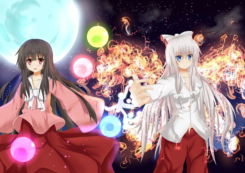 Two Anime Girls — White, Dramatic, Night, Fire
