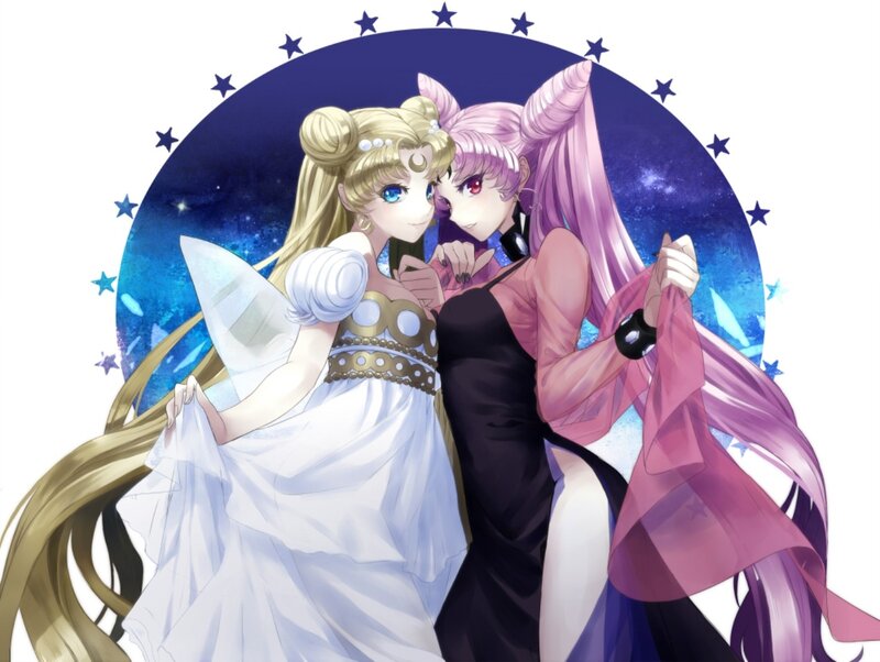 Two Anime Girls — White, Dramatic, Night, Stars