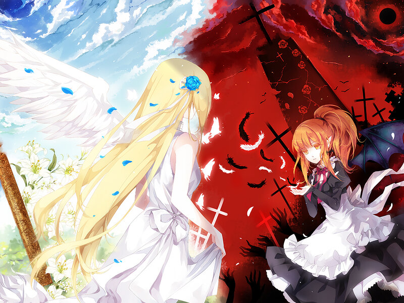 Two Anime Girls — White, Dramatic, Wings