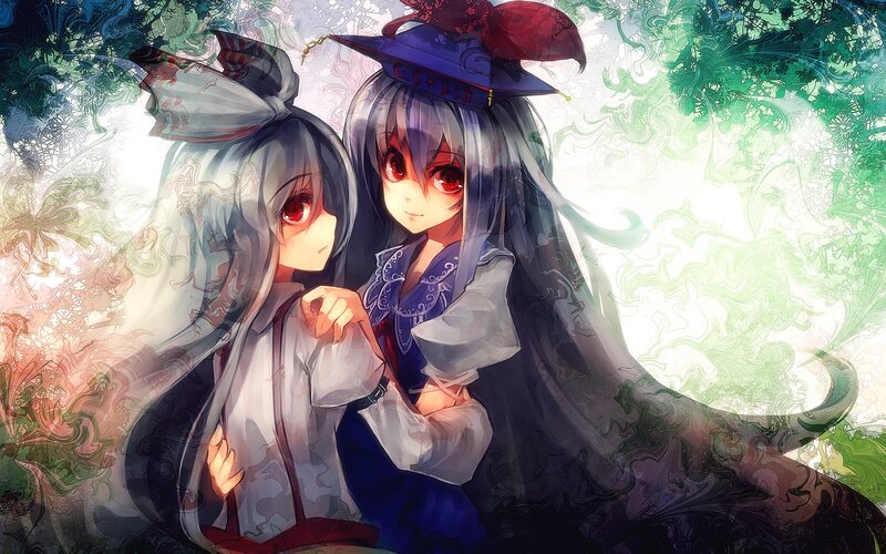 Two Anime Girls — White, Dreamy, Long Hair, Red Eyes