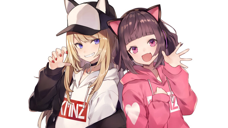 Two Anime Girls — White, Playful, Cat Ears, Hoodie
