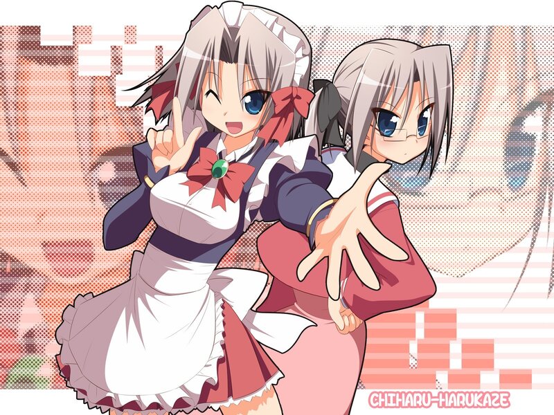 Two Anime Girls — White, Playful, Maid Outfit, School Uniform