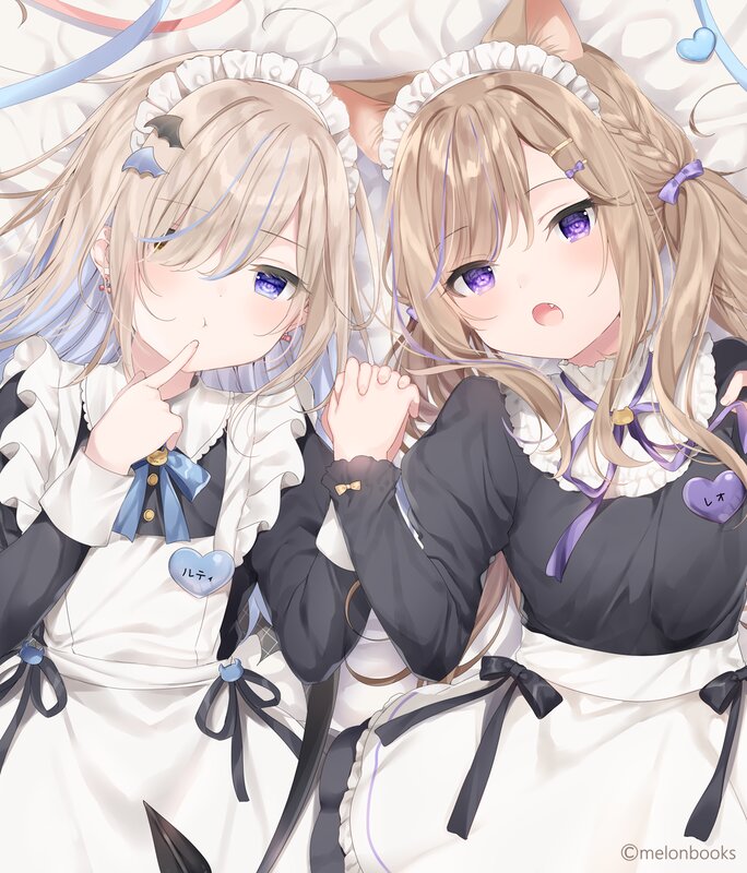 Two Anime Girls — White, Playful, Maid Outfits, Cat Ears