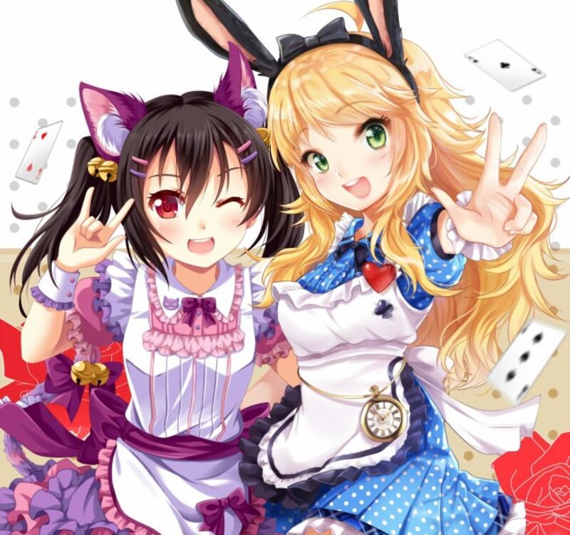 Two Anime Girls — White, Playful, Playing Cards